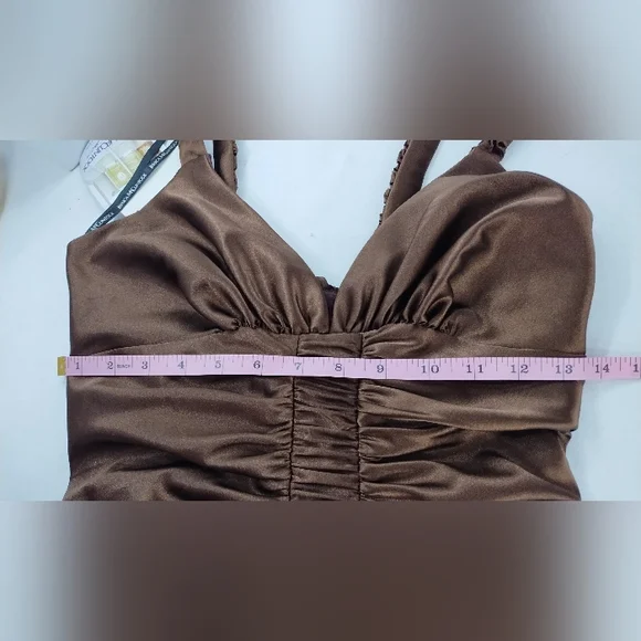New Vintage Jessica McClintock Brown Satin Short Dress - Picture 5 of 7